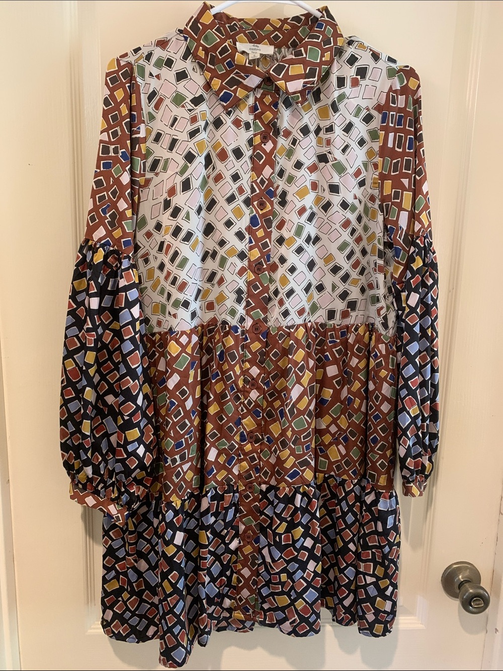 Entro Brown Multi-Color Geometric Tiered Long Sleeve Dress